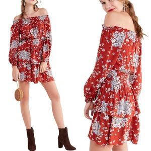 Urban Outfitters Off The Shoulder Dress Size XSmall Orange Floral Ruffled Tiered